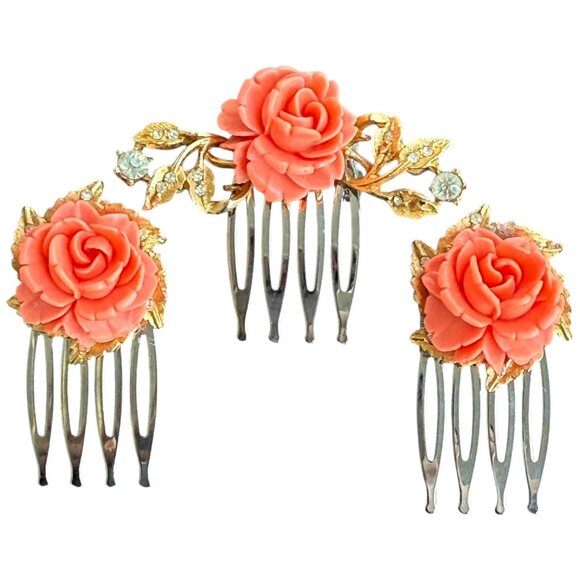 Bridal Hair Comb Coral Rose Floral Vintage Jewelry Wedding Hair Piece Set - Picture 2 of 5